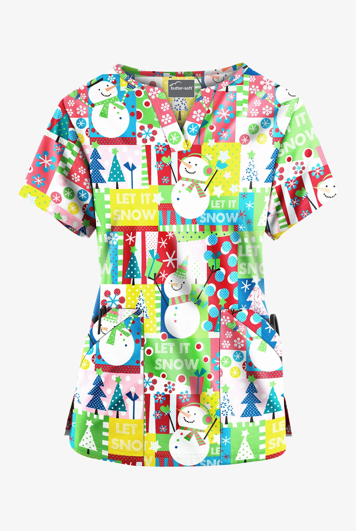 Butter-Soft Joyful Snowman Grass Green Women’s 4-Pocket V Notch-Neck Printed Scrub Top 3 Butter-Soft Joyful Snowman Grass Green Women’s 4-Pocket V Notch-Neck Printed Scrub Top