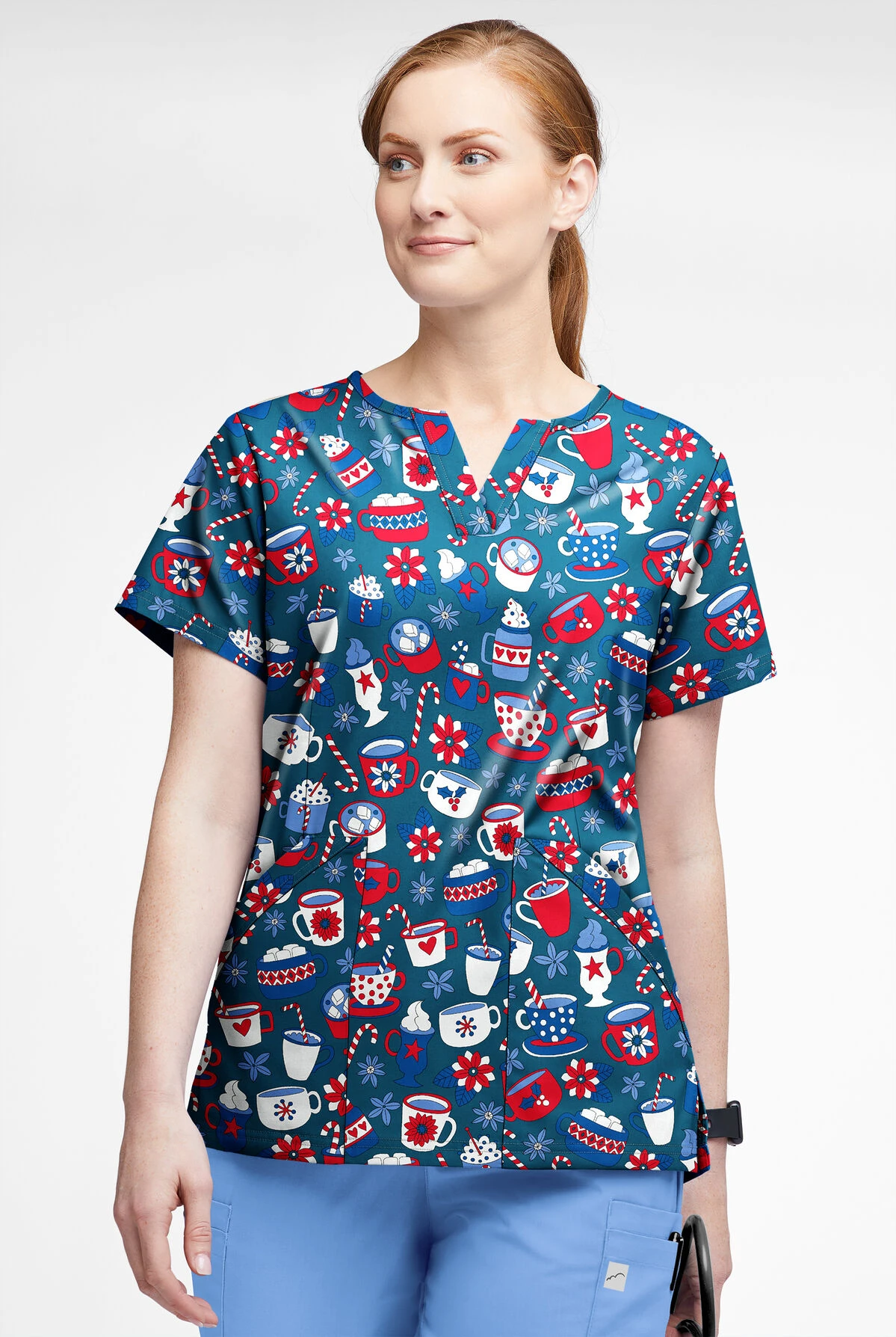Butter-Soft Xmas Coco Caribbean Blue Women’s 4-Pocket V Notch-Neck Printed Scrub Top 4 Butter-Soft Xmas Coco Caribbean Blue Women’s 4-Pocket V Notch-Neck Printed Scrub Top - Image 2