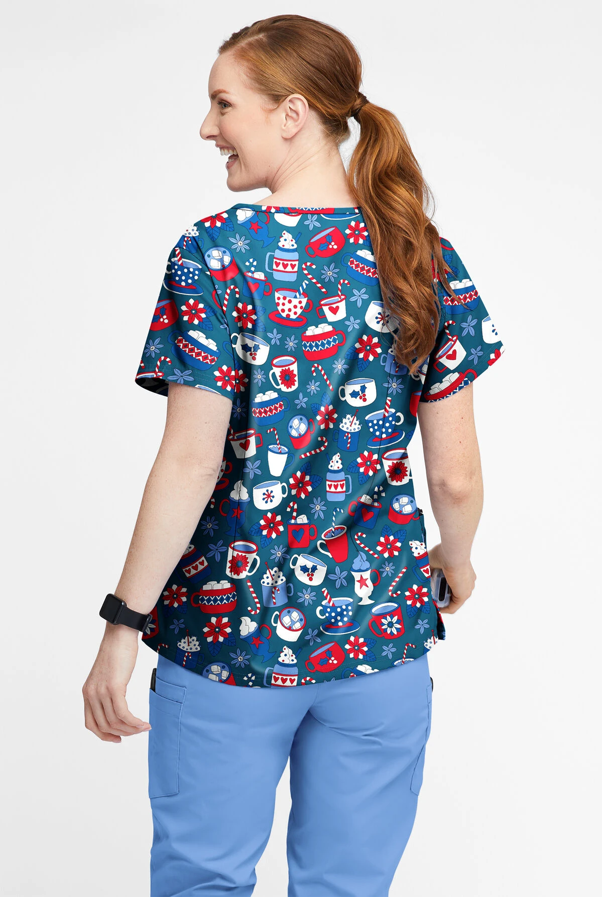 Butter-Soft Xmas Coco Caribbean Blue Women’s 4-Pocket V Notch-Neck Printed Scrub Top 5 Butter-Soft Xmas Coco Caribbean Blue Women’s 4-Pocket V Notch-Neck Printed Scrub Top - Image 3
