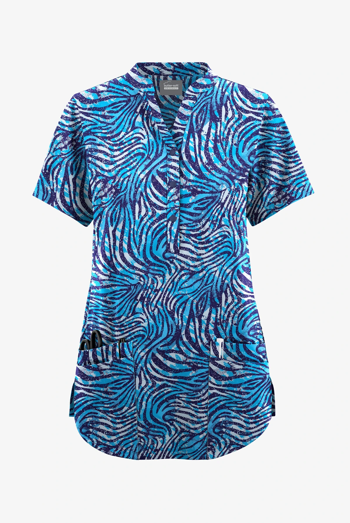 Butter-Soft Originals Abstract Zebra Turquoise Women's 6-Pocket Mandarin Collar Printed Scrub Top 3 Butter-Soft Originals Abstract Zebra Turquoise Women's 6-Pocket Mandarin Collar Printed Scrub Top