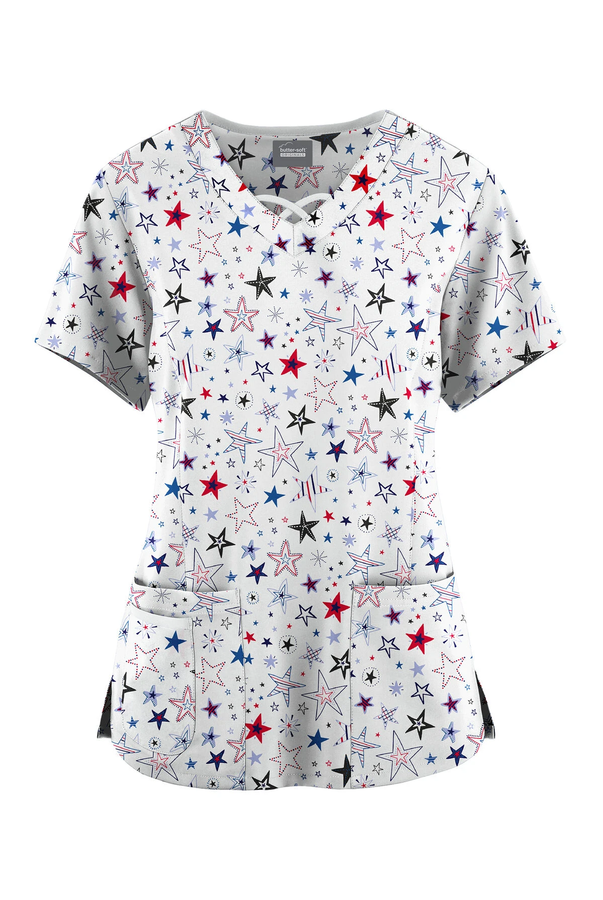 Butter-Soft Originals Summer Starburst Women's 3-Pocket Criss Cross Printed Scrub Top 3 Butter-Soft Originals Summer Starburst Women's 3-Pocket Criss Cross Printed Scrub Top