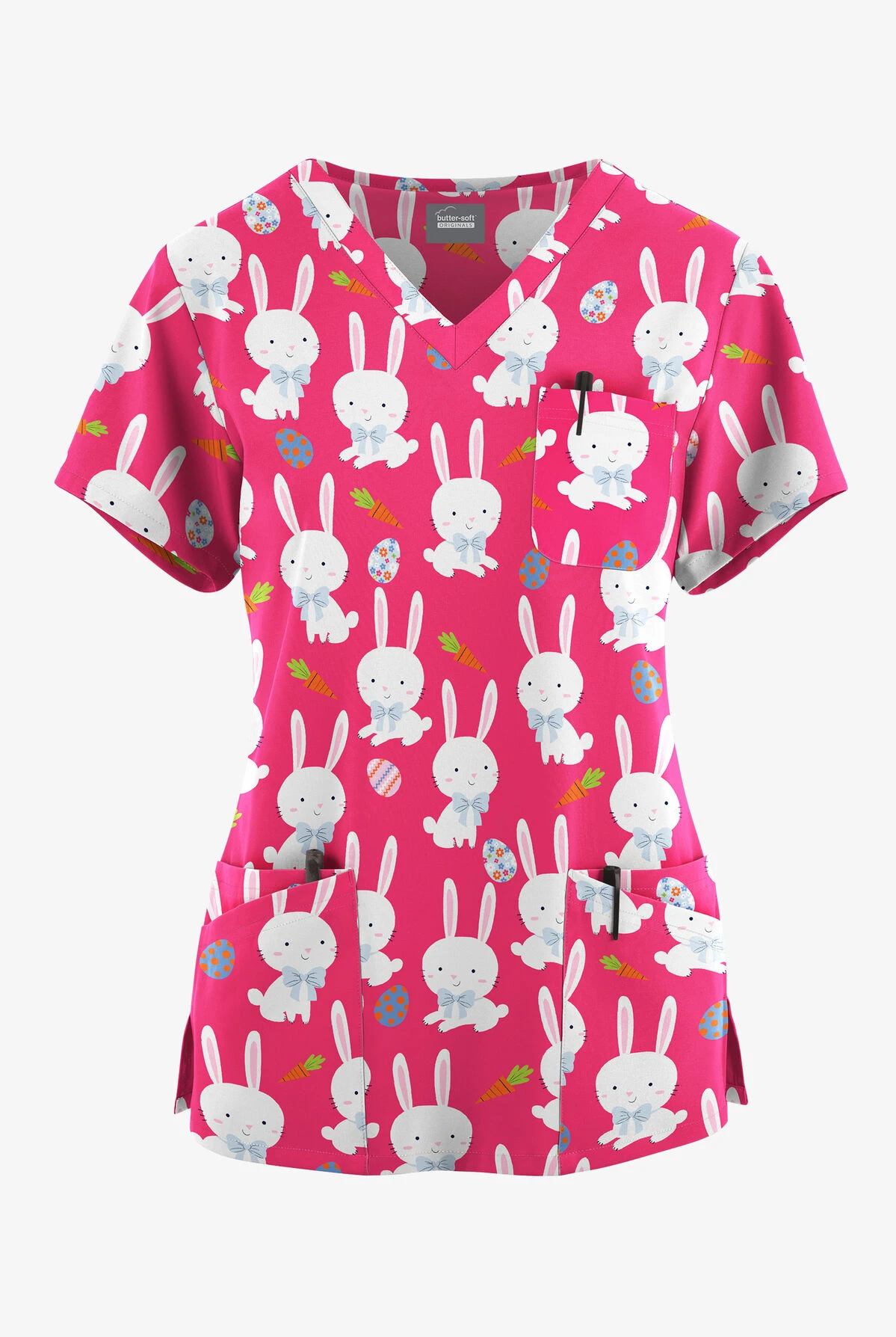 Butter-Soft Originals Easter Egg Hunt Fuchsia Women's 7-Pocket Curved V-Neck Printed Scrub Top 3 Butter-Soft Originals Easter Egg Hunt Fuchsia Women's 7-Pocket Curved V-Neck Printed Scrub Top