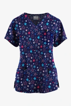 Butter-Soft Originals Summer Starburst Navy Women's 7-Pocket Curved V-Neck Printed Scrub TopÂ