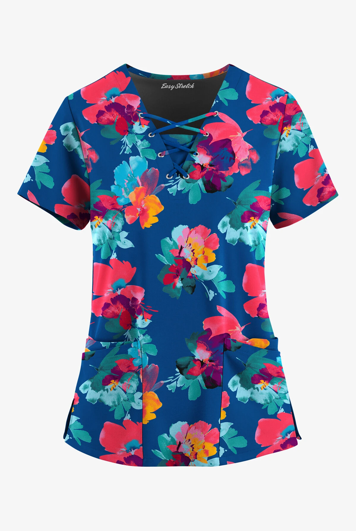 Easy STRETCH By Butter-Soft™ Sweet Blossoms Royal Women's 4-Pocket Lace Up V-Neck Printed Scrub Top 3 Easy STRETCH By Butter-Soft™ Sweet Blossoms Royal Women's 4-Pocket Lace Up V-Neck Printed Scrub Top