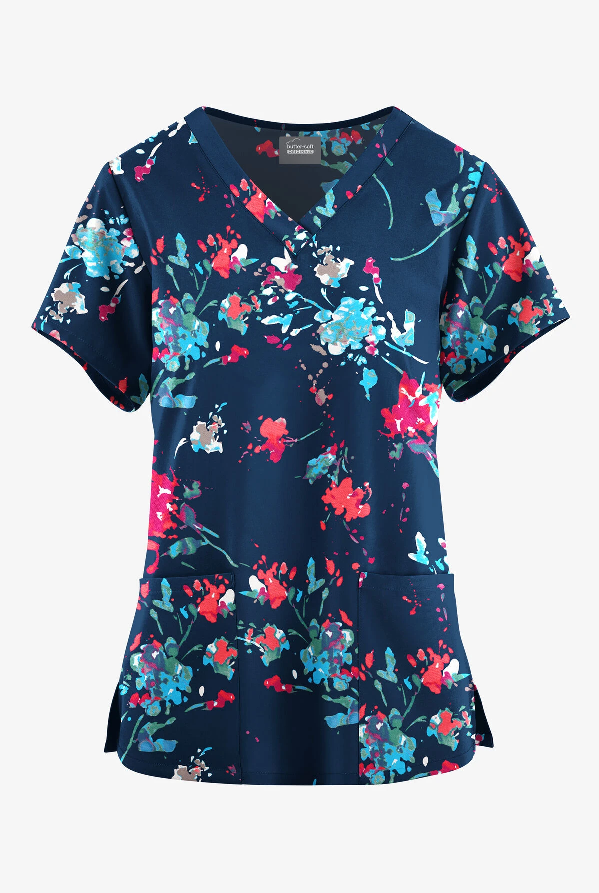 Butter-Soft Originals Floral Splash Navy Women's 4-Pocket Rounded V-Neck Printed Scrub Top 3 Butter-Soft Originals Floral Splash Navy Women's 4-Pocket Rounded V-Neck Printed Scrub Top