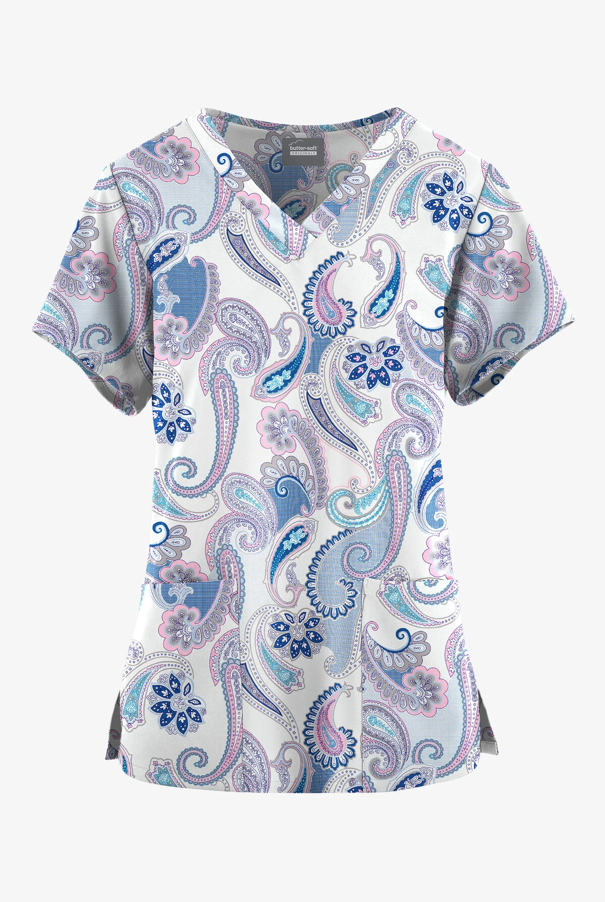 Butter-Soft Originals Kashmir Paisley White Printed Women's 4-Pocket Rounded V-Neck Scrub Top 3 Butter-Soft Originals Kashmir Paisley White Printed Women's 4-Pocket Rounded V-Neck Scrub Top