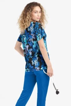 Easy STRETCH By Butter-Soft™ Magical Garden Women's 4-Pocket Zip Curved Neck Printed Scrub Top -Fashion Clothing TS4236MDBL 103023 3