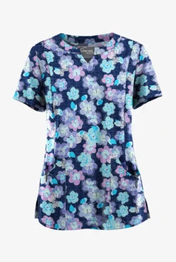 Fashion Clothing 33 UA Butter-Soft STRETCH Blooms And Butterflies Navy Women’s 4-Pocket Notch-Neck Printed Scrub Top
