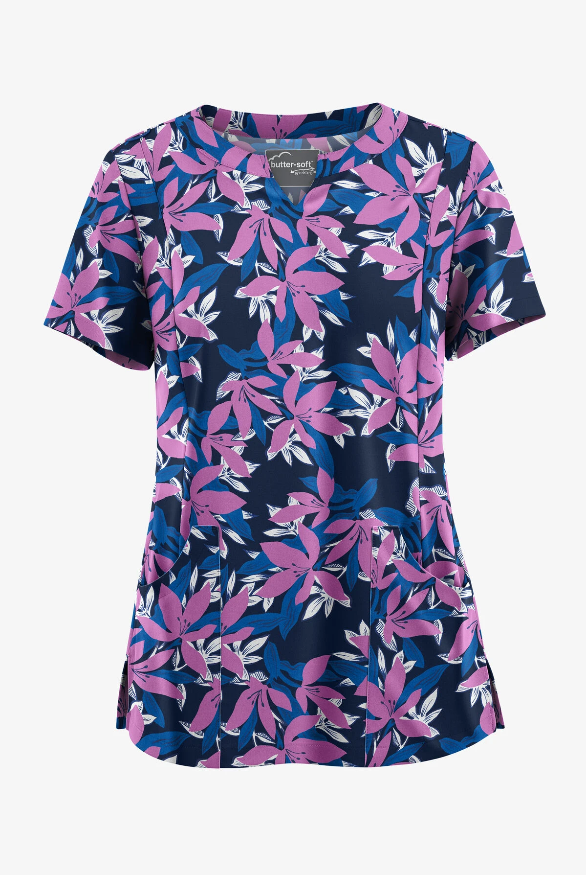 Butter-Soft STRETCH Happy Morning Floral Navy Women's 4-Pocket Notch Neck Print Scrub Top 3 Butter-Soft STRETCH Happy Morning Floral Navy Women's 4-Pocket Notch Neck Print Scrub Top