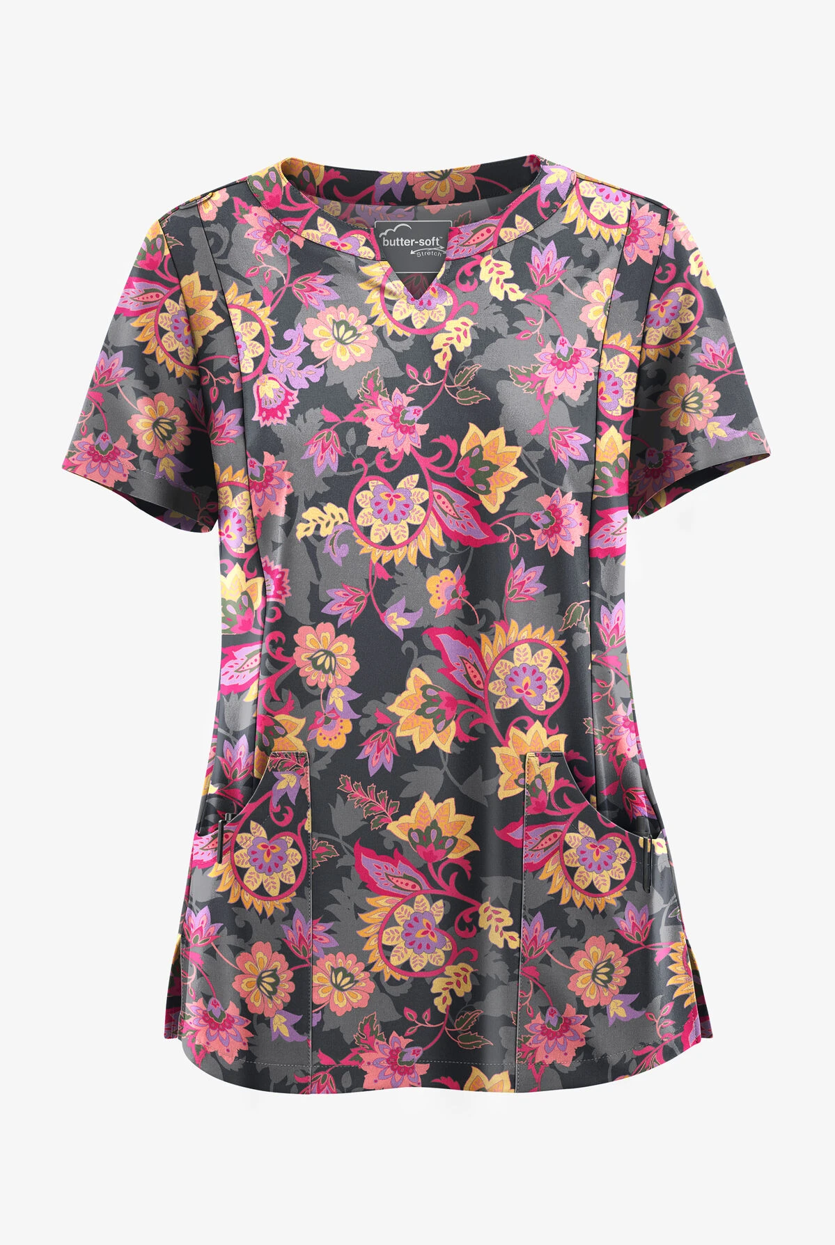 UA Butter-Soft STRETCH Jacobean Spring Pewter Women’s 4-Pocket Notch-Neck Printed Scrub Top 3 UA Butter-Soft STRETCH Jacobean Spring Pewter Women’s 4-Pocket Notch-Neck Printed Scrub Top
