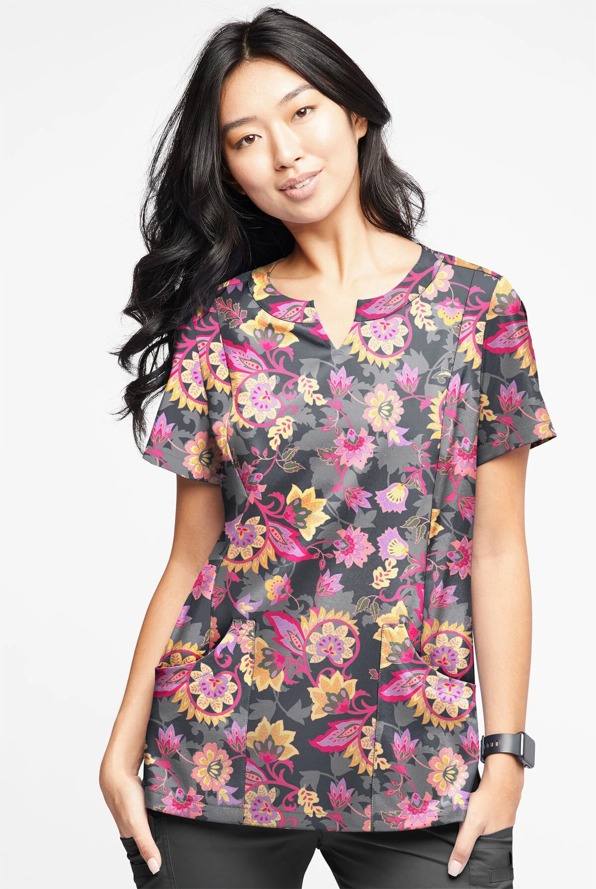 UA Butter-Soft STRETCH Jacobean Spring Pewter Women’s 4-Pocket Notch-Neck Printed Scrub Top 4 UA Butter-Soft STRETCH Jacobean Spring Pewter Women’s 4-Pocket Notch-Neck Printed Scrub Top - Image 2