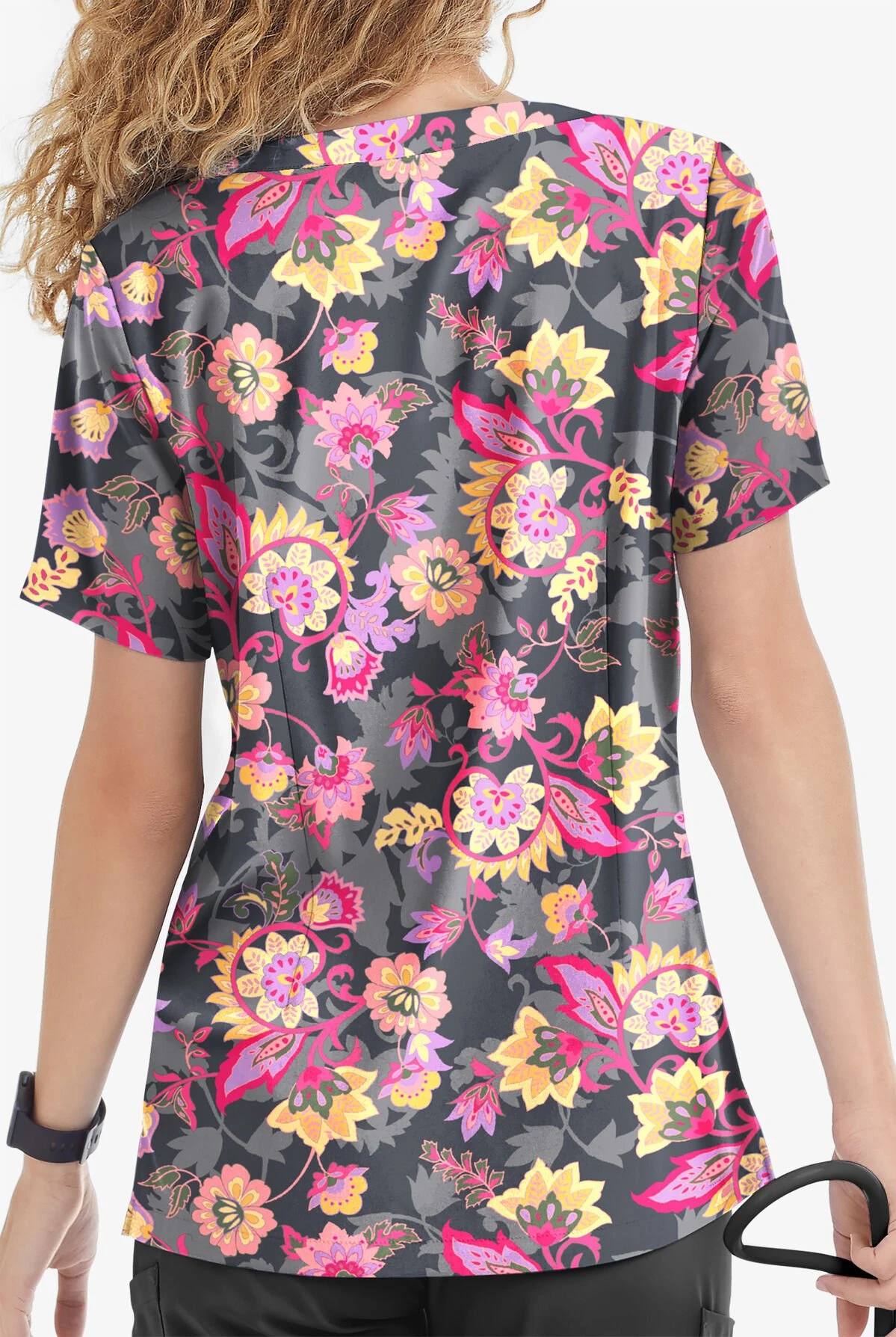 UA Butter-Soft STRETCH Jacobean Spring Pewter Women’s 4-Pocket Notch-Neck Printed Scrub Top 5 UA Butter-Soft STRETCH Jacobean Spring Pewter Women’s 4-Pocket Notch-Neck Printed Scrub Top - Image 3