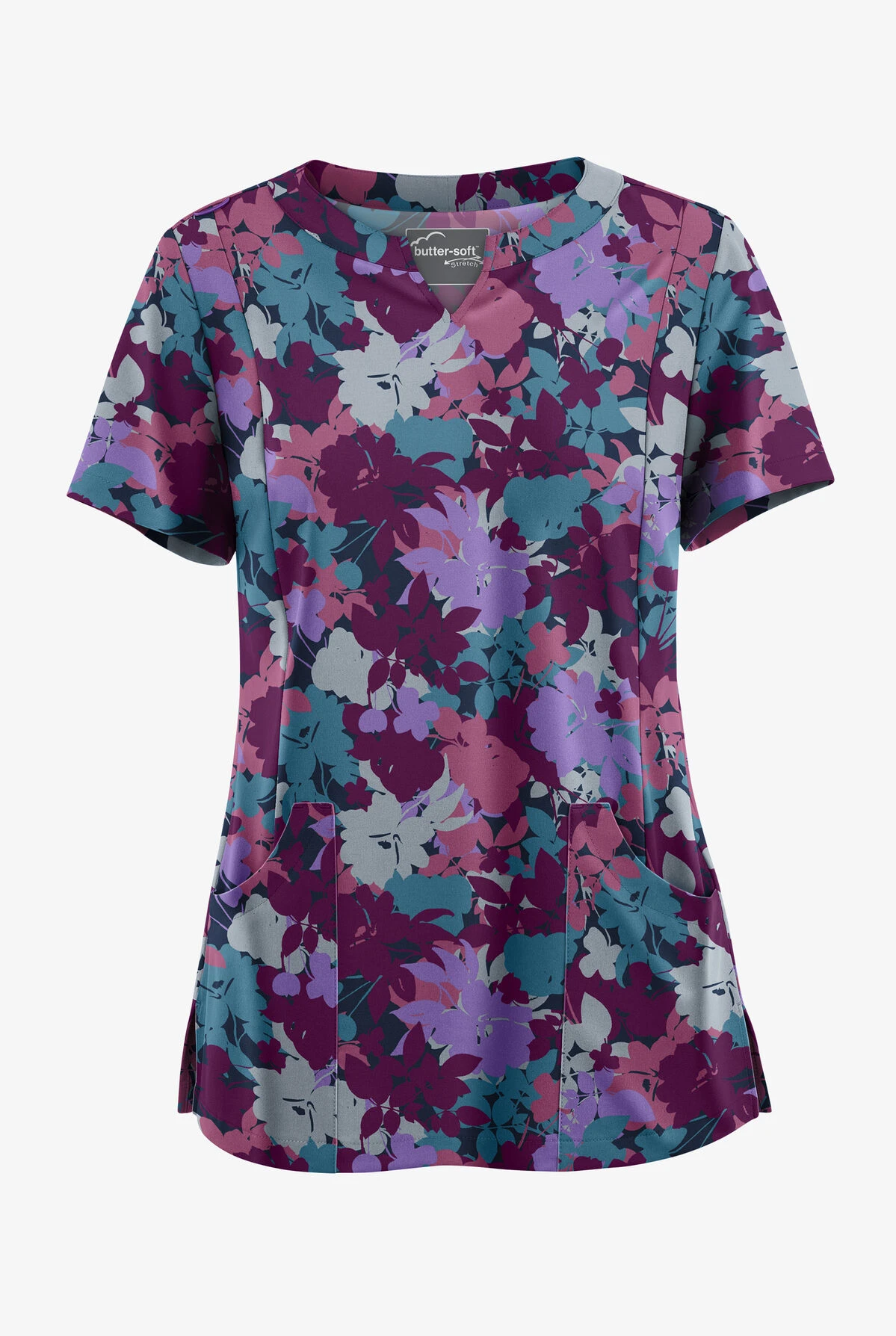 Butter-Soft STRETCH Layered Floral Navy Women's 4-Pocket Notch Neck Print Scrub Top 3 Butter-Soft STRETCH Layered Floral Navy Women's 4-Pocket Notch Neck Print Scrub Top