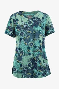 UA Butter-Soft STRETCH Mixed Medallion Navy Womenโs 4-Pocket Notch-Neck Print Scrub Top