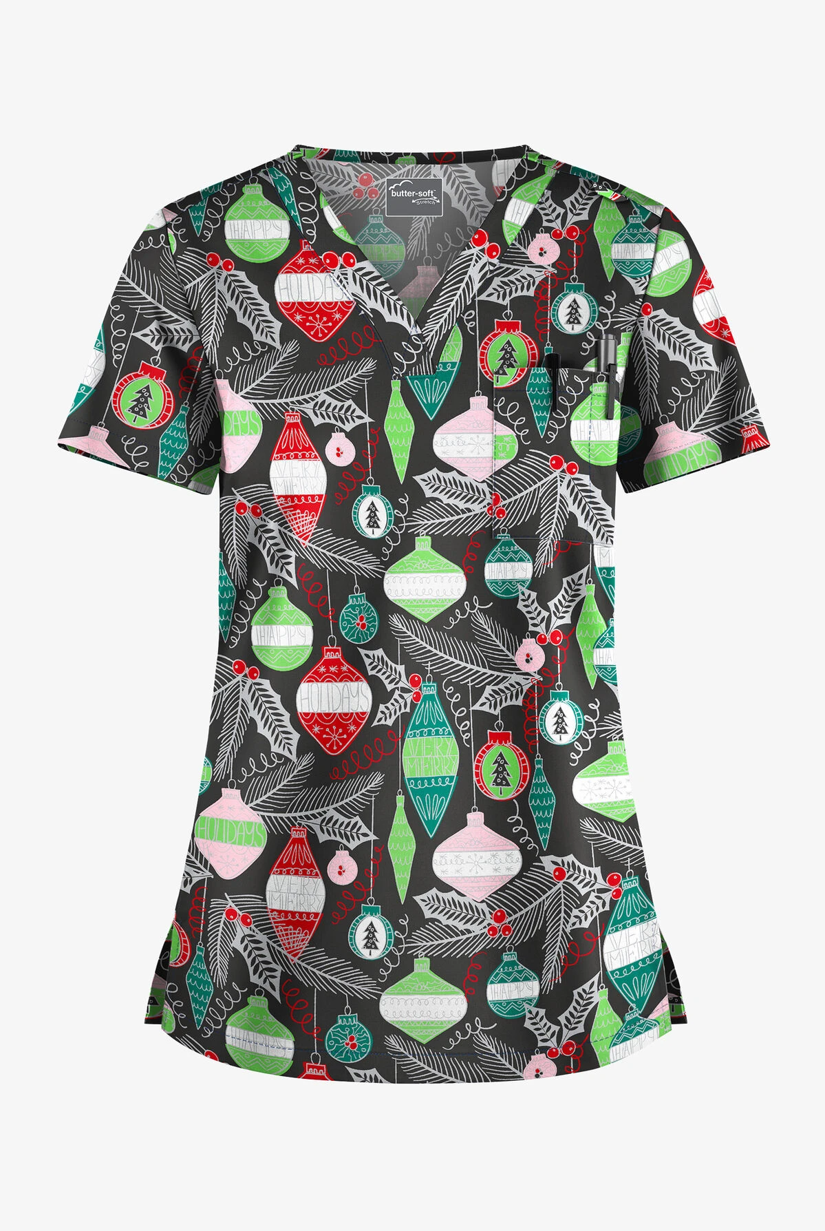 Butter-Soft Christmas Baubles Women's 1-Pocket V-Neck Tuck-In Print Scrub Top 3 Butter-Soft Christmas Baubles Women's 1-Pocket V-Neck Tuck-In Print Scrub Top