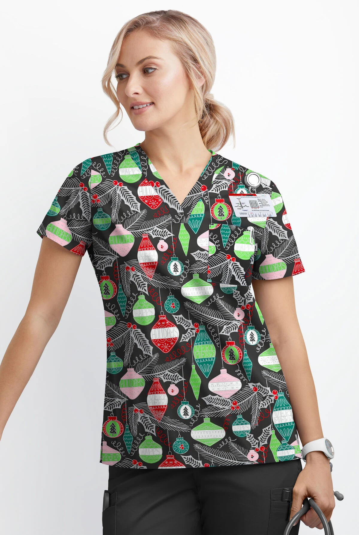 Butter-Soft Christmas Baubles Women's 1-Pocket V-Neck Tuck-In Print Scrub Top 4 Butter-Soft Christmas Baubles Women's 1-Pocket V-Neck Tuck-In Print Scrub Top - Image 2