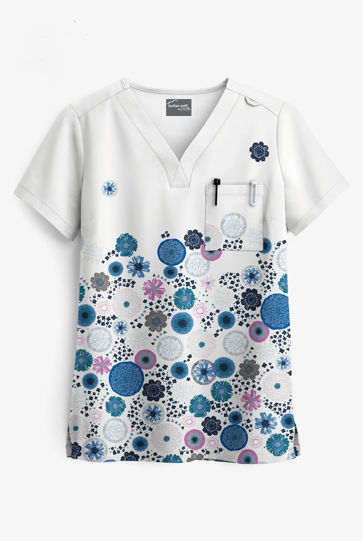 UA Butter-Soft STRETCH Dancing Floral Women's 1-Pocket Print Scrub Top 3 UA Butter-Soft STRETCH Dancing Floral Women's 1-Pocket Print Scrub Top
