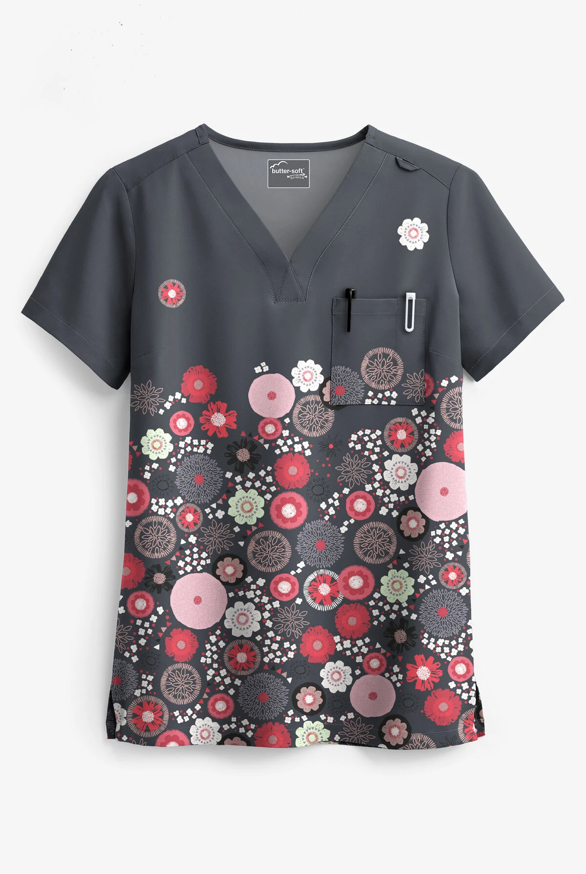 UA Butter-Soft STRETCH Dancing Floral Women's 1-Pocket V-Neck Print Scrub Top 3 UA Butter-Soft STRETCH Dancing Floral Women's 1-Pocket V-Neck Print Scrub Top