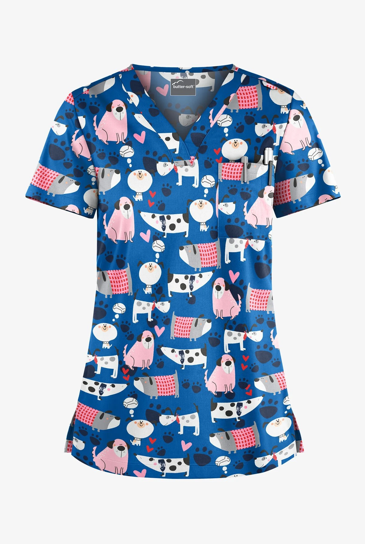 Butter-Soft Dreaming Pups Royal Women's 1-Pocket V-Neck Tuck-In Print Scrub Top 3 Butter-Soft Dreaming Pups Royal Women's 1-Pocket V-Neck Tuck-In Print Scrub Top