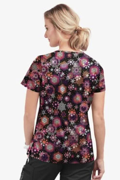Butter-Soft Dazzling Snowflakes Women's 1-Pocket V-Neck Tuck-In Print Scrub Top -Fashion Clothing TS452DSBL 3
