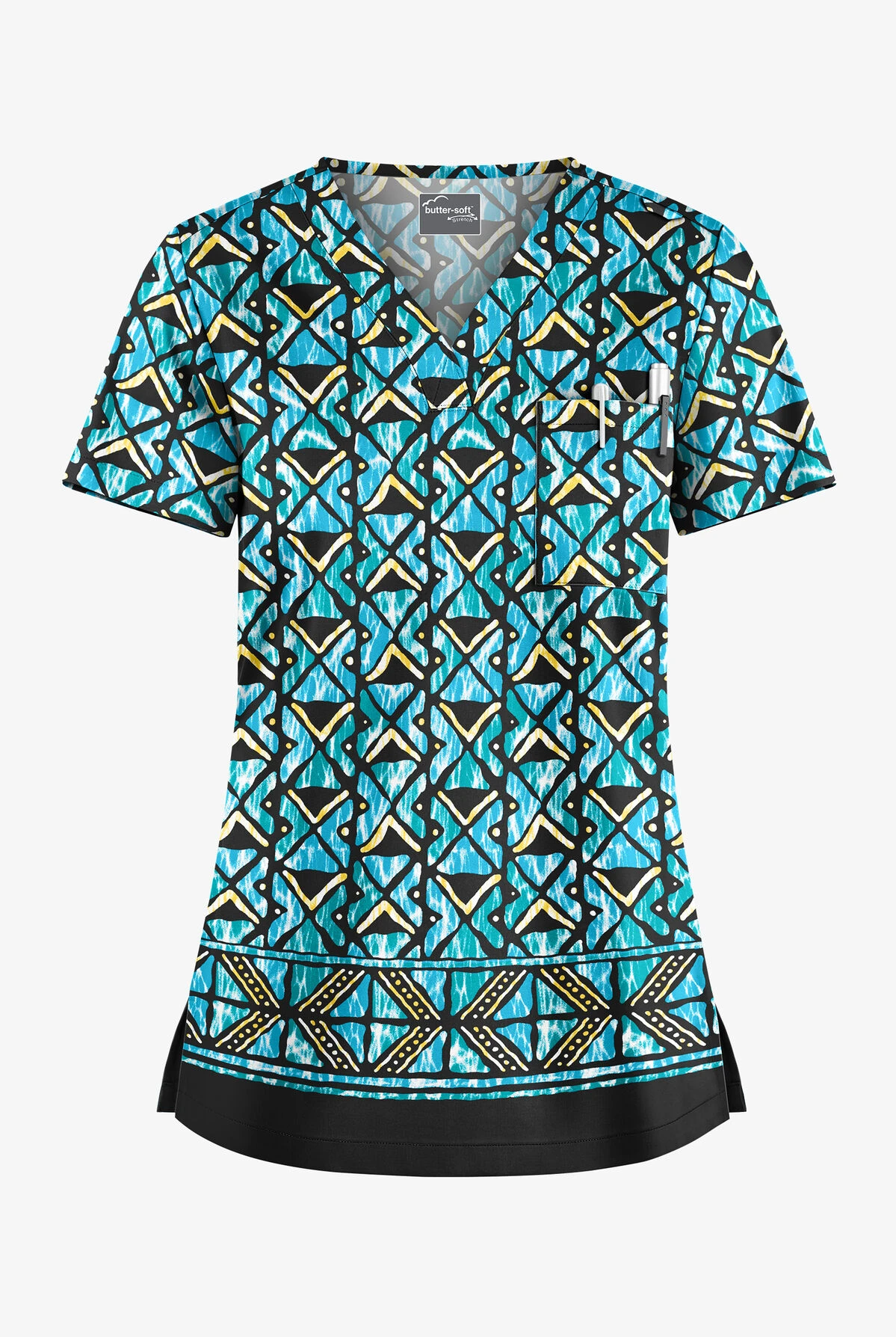 UA Butter-Soft STRETCH Day Dance Black Printed Women's 1-Pocket V-Neck Scrub Top 3 UA Butter-Soft STRETCH Day Dance Black Printed Women's 1-Pocket V-Neck Scrub Top