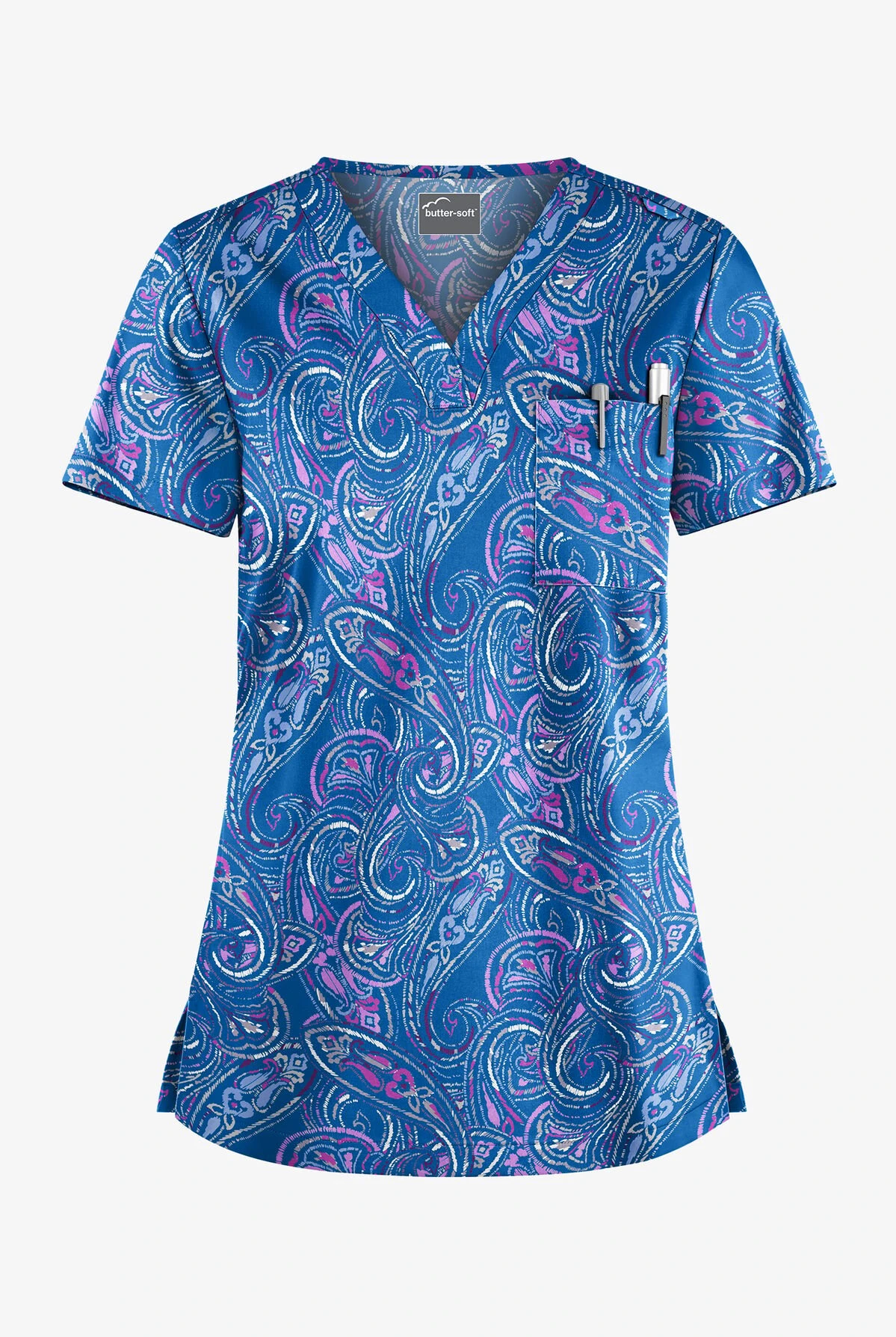 Butter-Soft Elegant Paisley Royal Women's 1-Pocket V-Neck Tuck-In Print Scrub Top 3 Butter-Soft Elegant Paisley Royal Women's 1-Pocket V-Neck Tuck-In Print Scrub Top