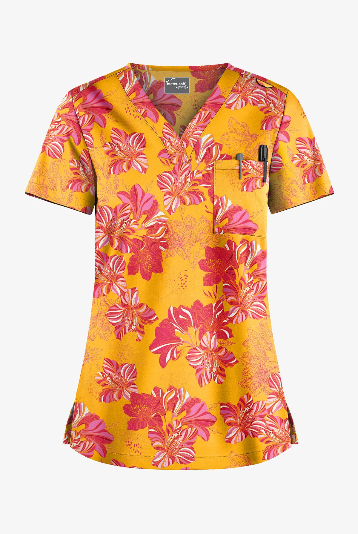 UA Butter-Soft STRETCH Garden Lilies Pineapple Women's 1-Pocket V-Neck Print Scrub Top 3 UA Butter-Soft STRETCH Garden Lilies Pineapple Women's 1-Pocket V-Neck Print Scrub Top