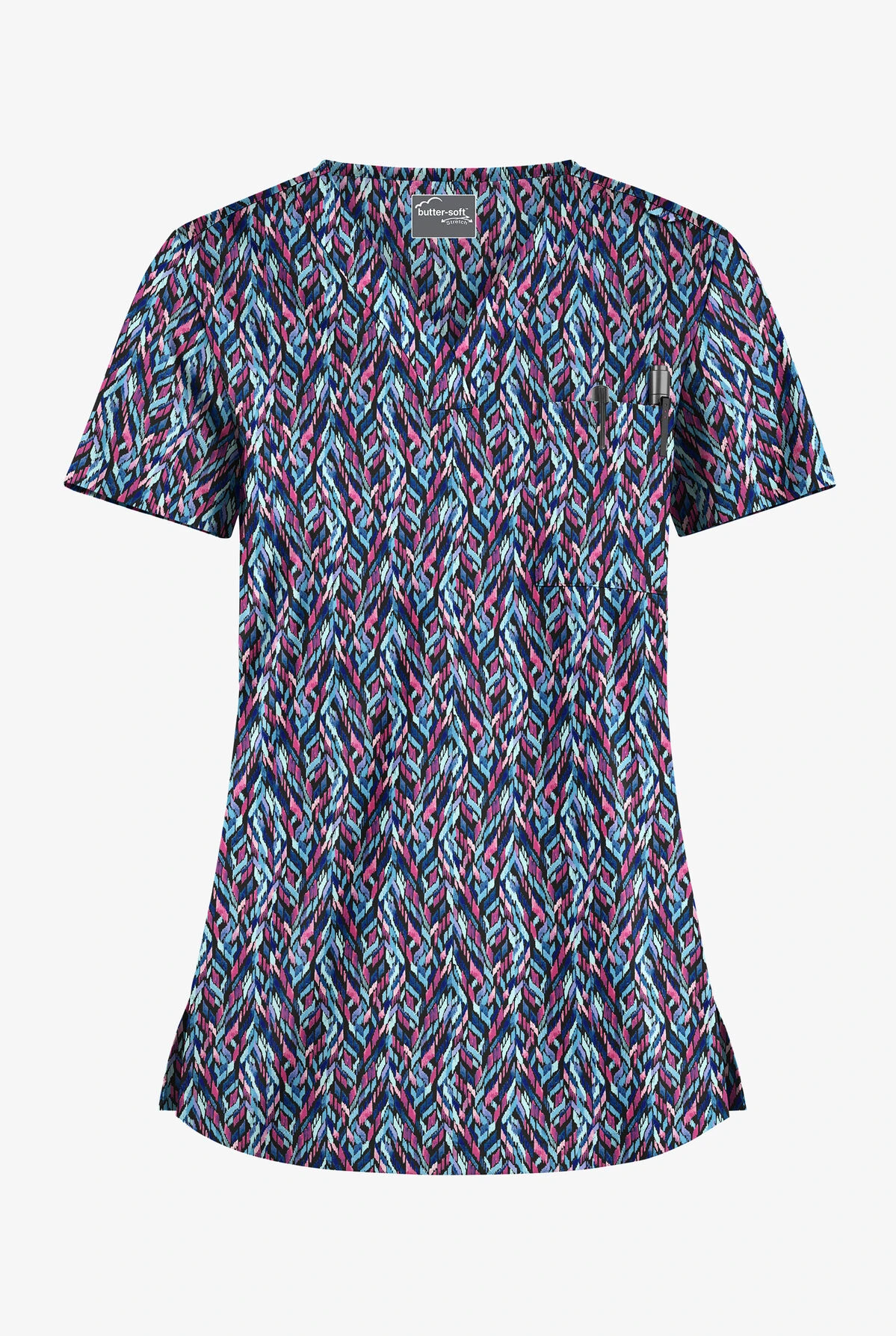 UA Butter-Soft STRETCH Geometric Path Black Printed Women's 1-Pocket V-Neck Tuck-In Scrub Top 3 UA Butter-Soft STRETCH Geometric Path Black Printed Women's 1-Pocket V-Neck Tuck-In Scrub Top