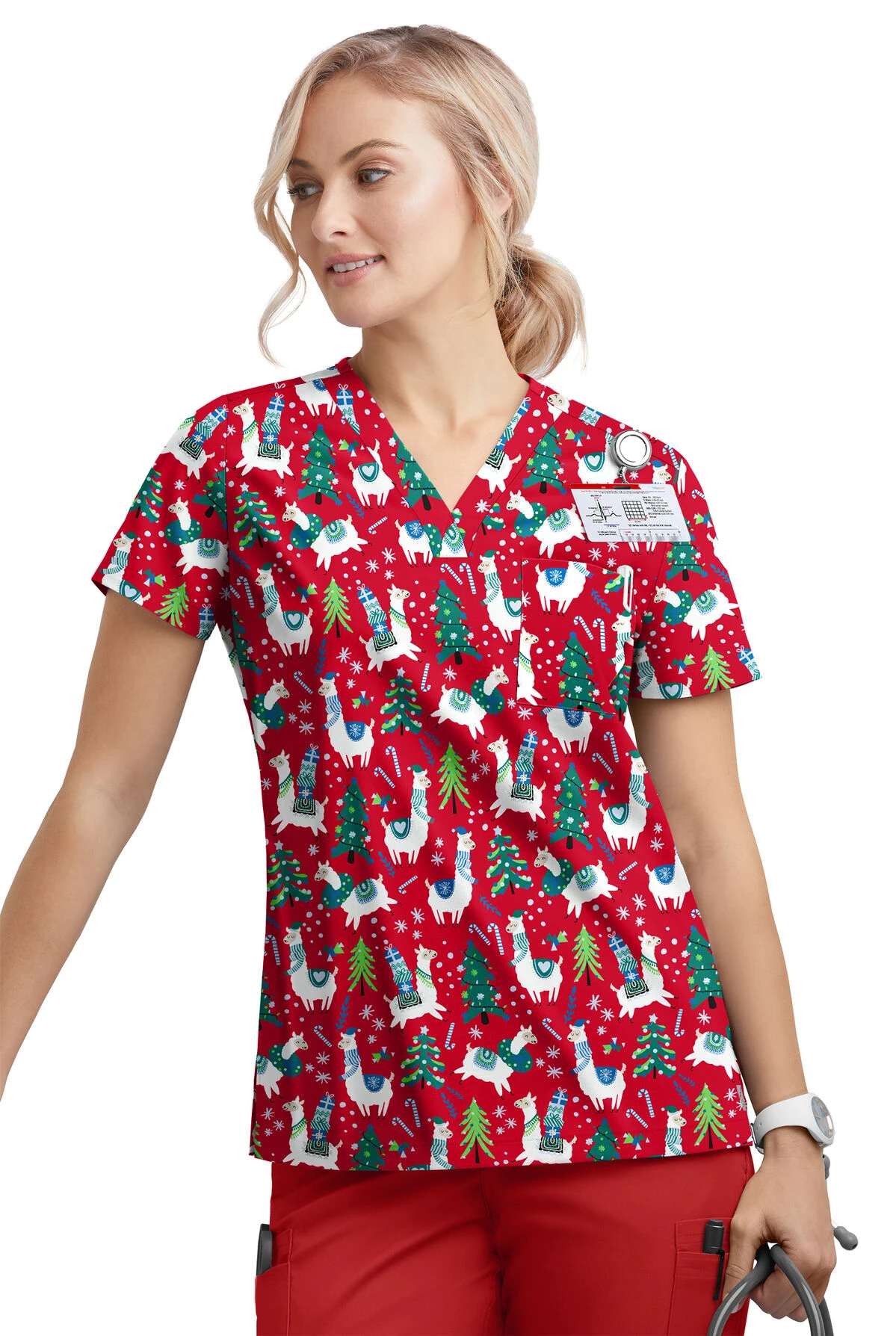Butter-Soft Holiday Llamas Red Women's 1-Pocket V-Neck Tuck-In Print Scrub Top 4 Butter-Soft Holiday Llamas Red Women's 1-Pocket V-Neck Tuck-In Print Scrub Top - Image 2