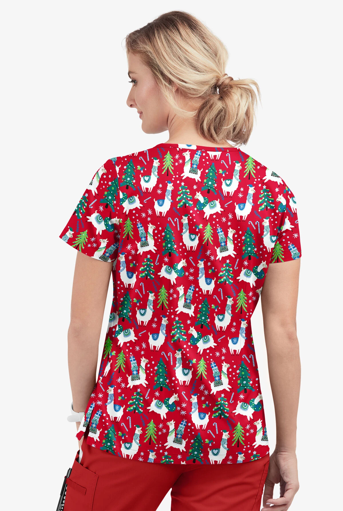 Butter-Soft Holiday Llamas Red Women's 1-Pocket V-Neck Tuck-In Print Scrub Top 5 Butter-Soft Holiday Llamas Red Women's 1-Pocket V-Neck Tuck-In Print Scrub Top - Image 3