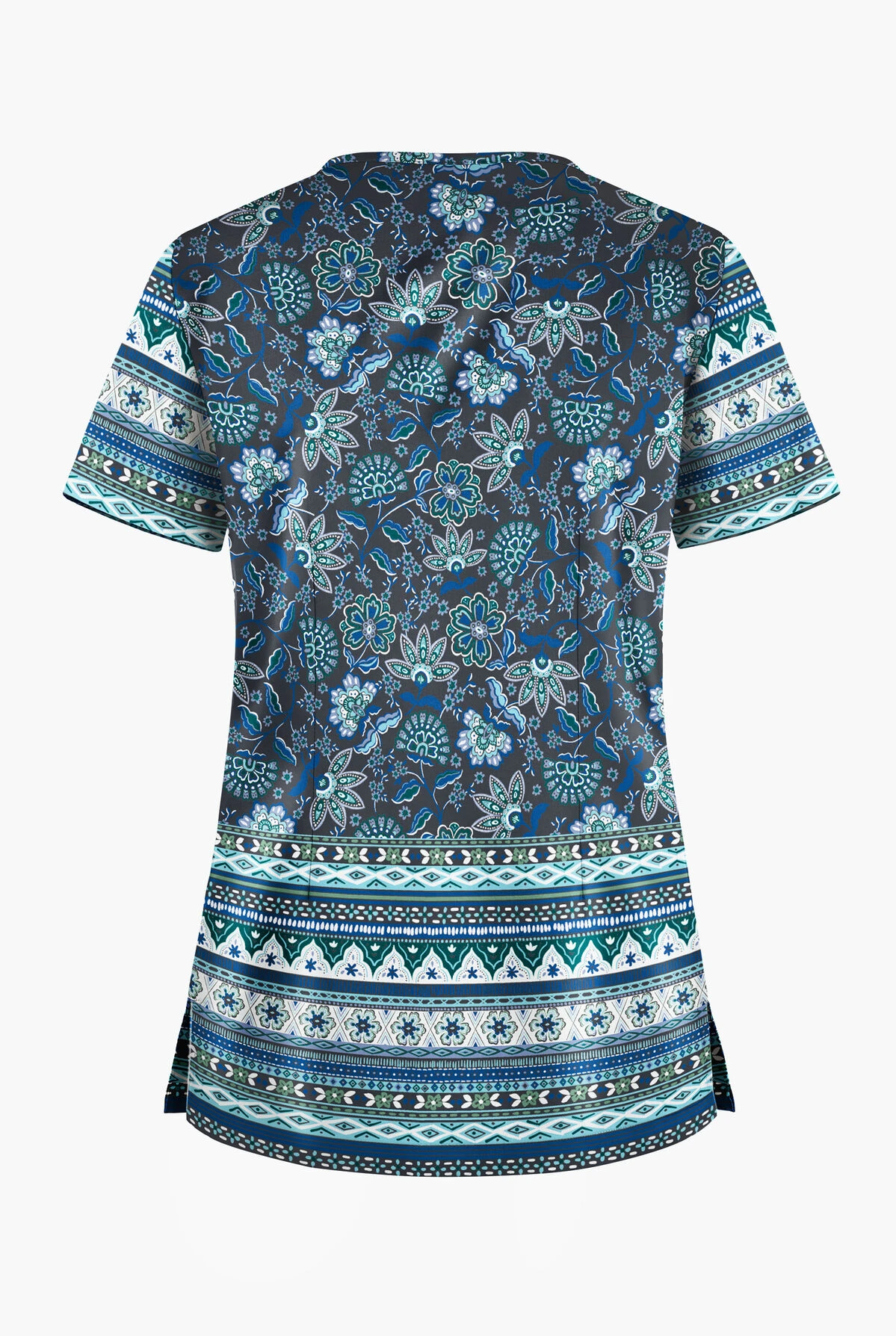 UA Butter-Soft STRETCH Jacobean Border Pewter Women's 1-Pocket V-Neck Tuck-In Print Scrub Top 4 UA Butter-Soft STRETCH Jacobean Border Pewter Women's 1-Pocket V-Neck Tuck-In Print Scrub Top - Image 2