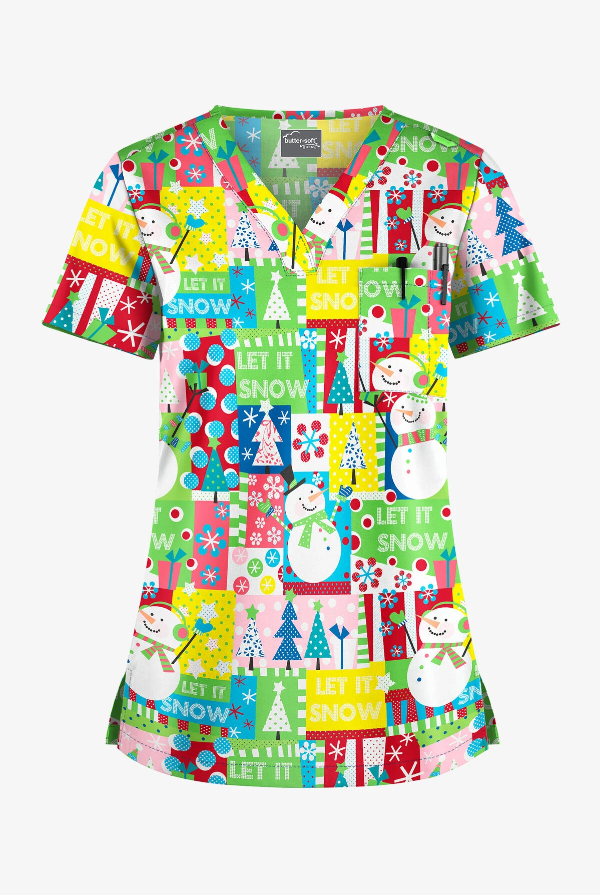Butter-Soft Joyful Snowman Grass Green Women's 1-Pocket V-Neck Tuck-In Print Scrub Top 3 Butter-Soft Joyful Snowman Grass Green Women's 1-Pocket V-Neck Tuck-In Print Scrub Top