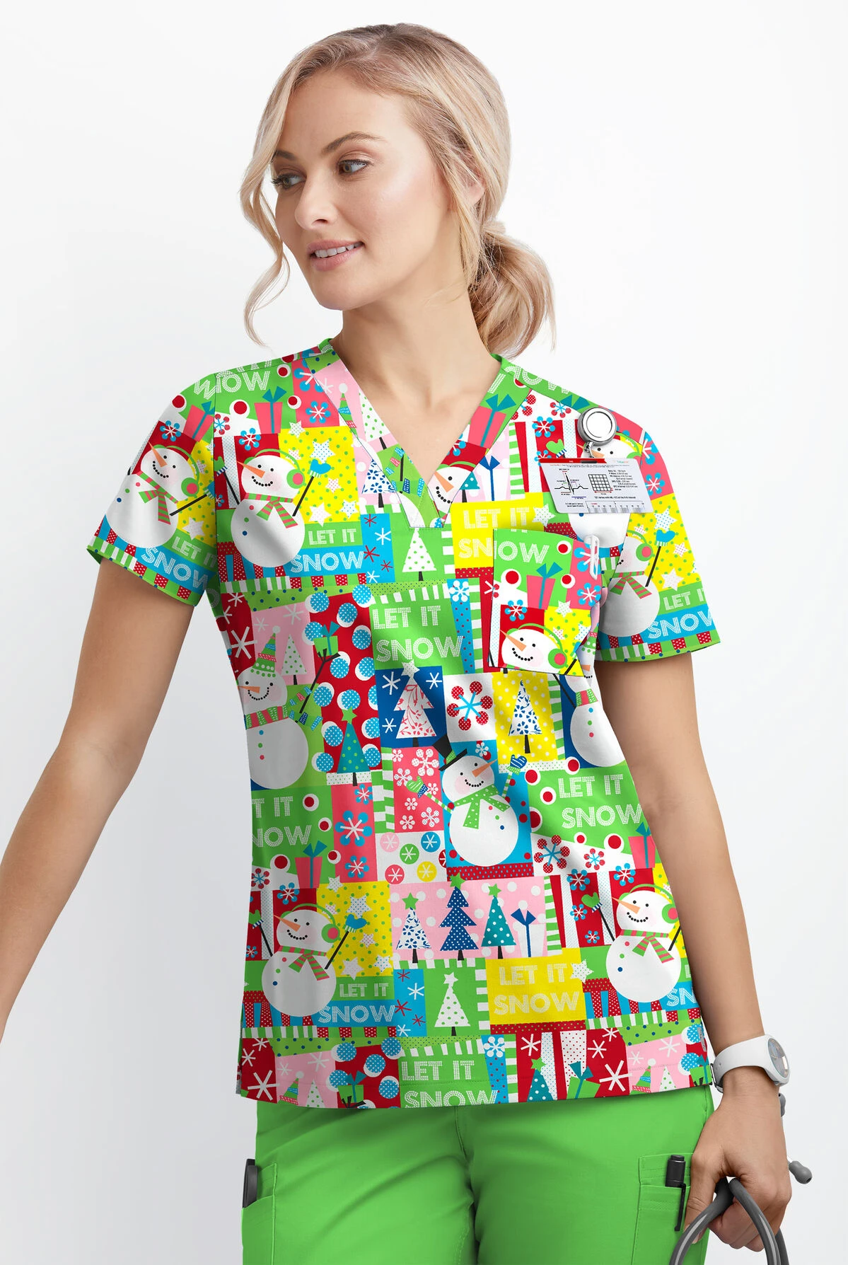 Butter-Soft Joyful Snowman Grass Green Women's 1-Pocket V-Neck Tuck-In Print Scrub Top 4 Butter-Soft Joyful Snowman Grass Green Women's 1-Pocket V-Neck Tuck-In Print Scrub Top - Image 2