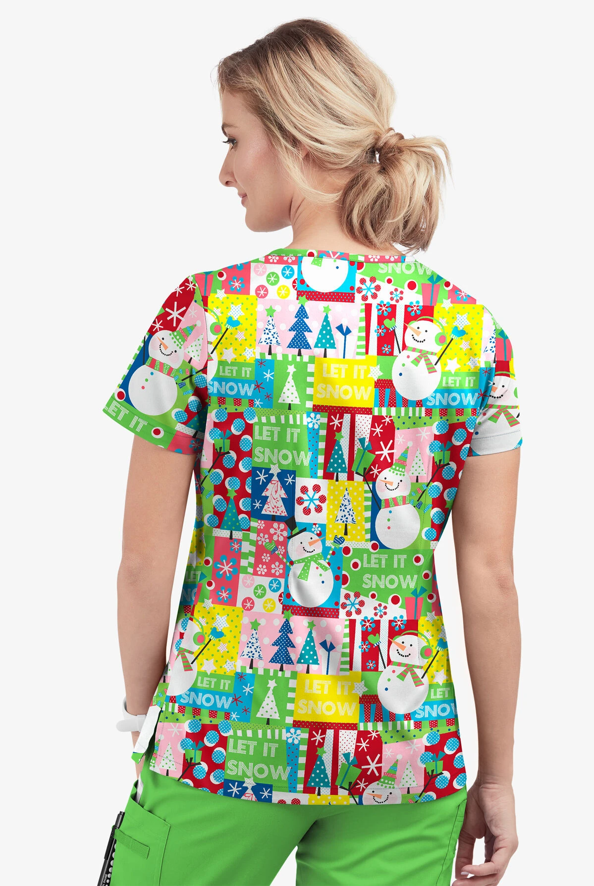 Butter-Soft Joyful Snowman Grass Green Women's 1-Pocket V-Neck Tuck-In Print Scrub Top 5 Butter-Soft Joyful Snowman Grass Green Women's 1-Pocket V-Neck Tuck-In Print Scrub Top - Image 3