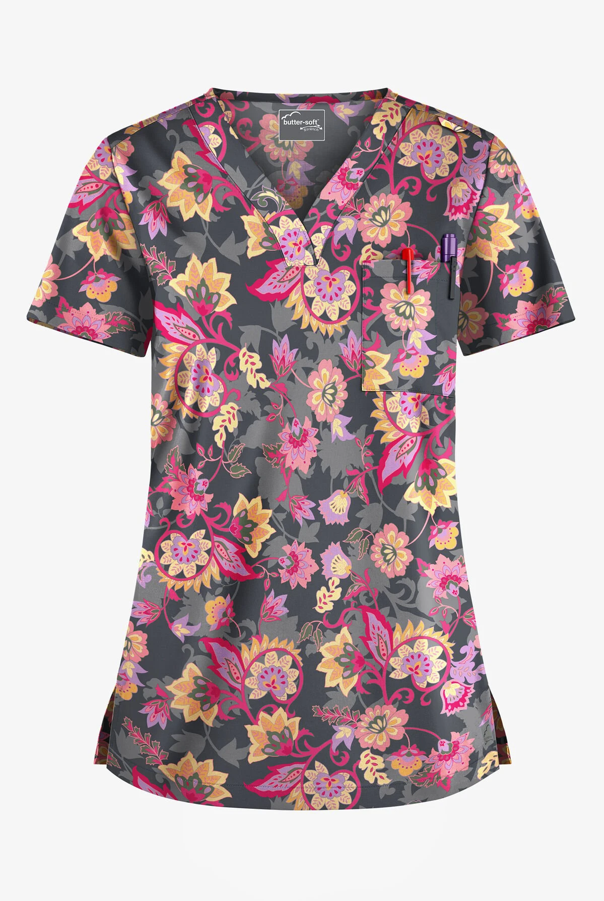 UA Butter-Soft STRETCH Jacobean Spring Pewter Women's 1-Pocket V-Neck Tuck-In Printed Scrub Top 3 UA Butter-Soft STRETCH Jacobean Spring Pewter Women's 1-Pocket V-Neck Tuck-In Printed Scrub Top