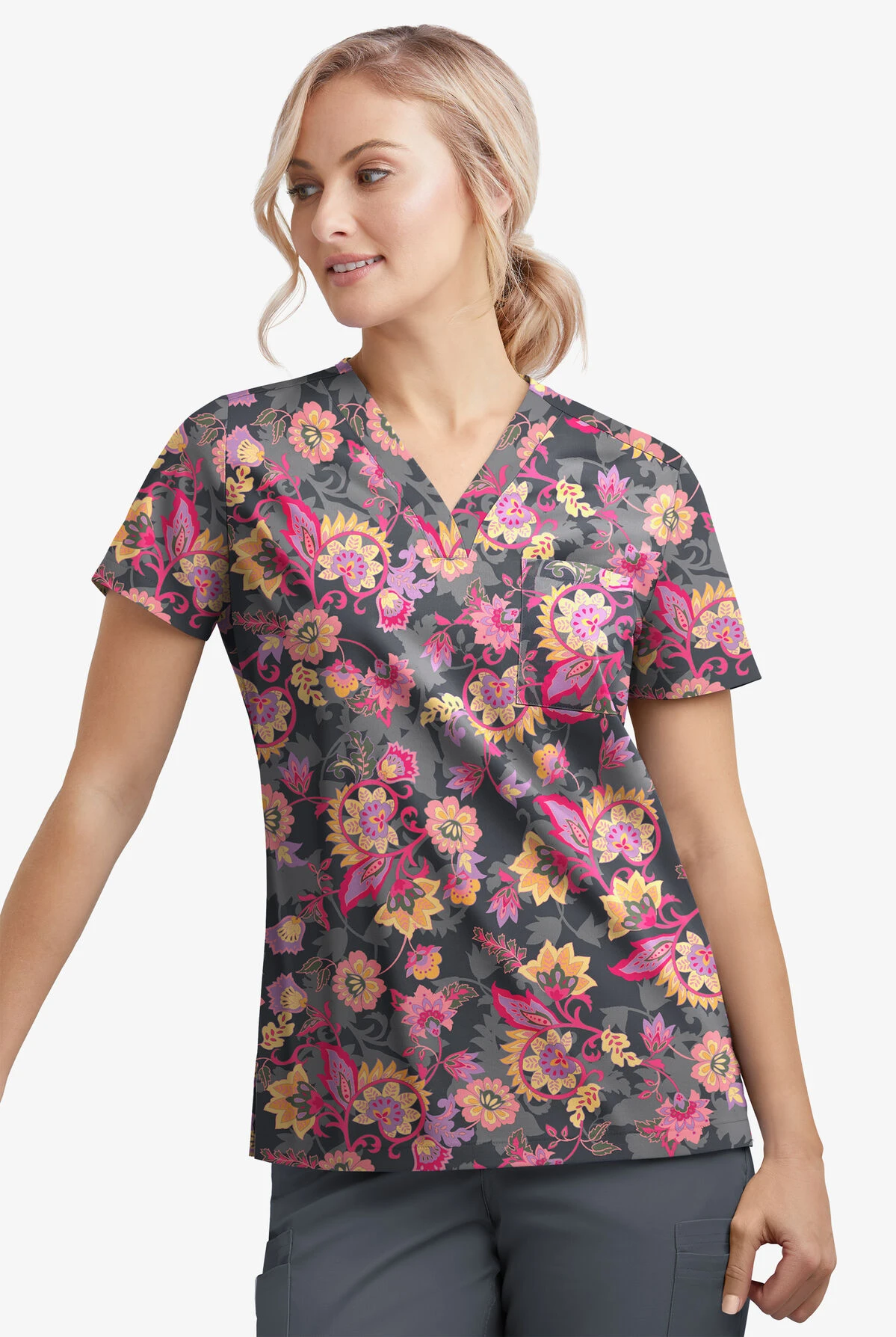 UA Butter-Soft STRETCH Jacobean Spring Pewter Women's 1-Pocket V-Neck Tuck-In Printed Scrub Top 4 UA Butter-Soft STRETCH Jacobean Spring Pewter Women's 1-Pocket V-Neck Tuck-In Printed Scrub Top - Image 2
