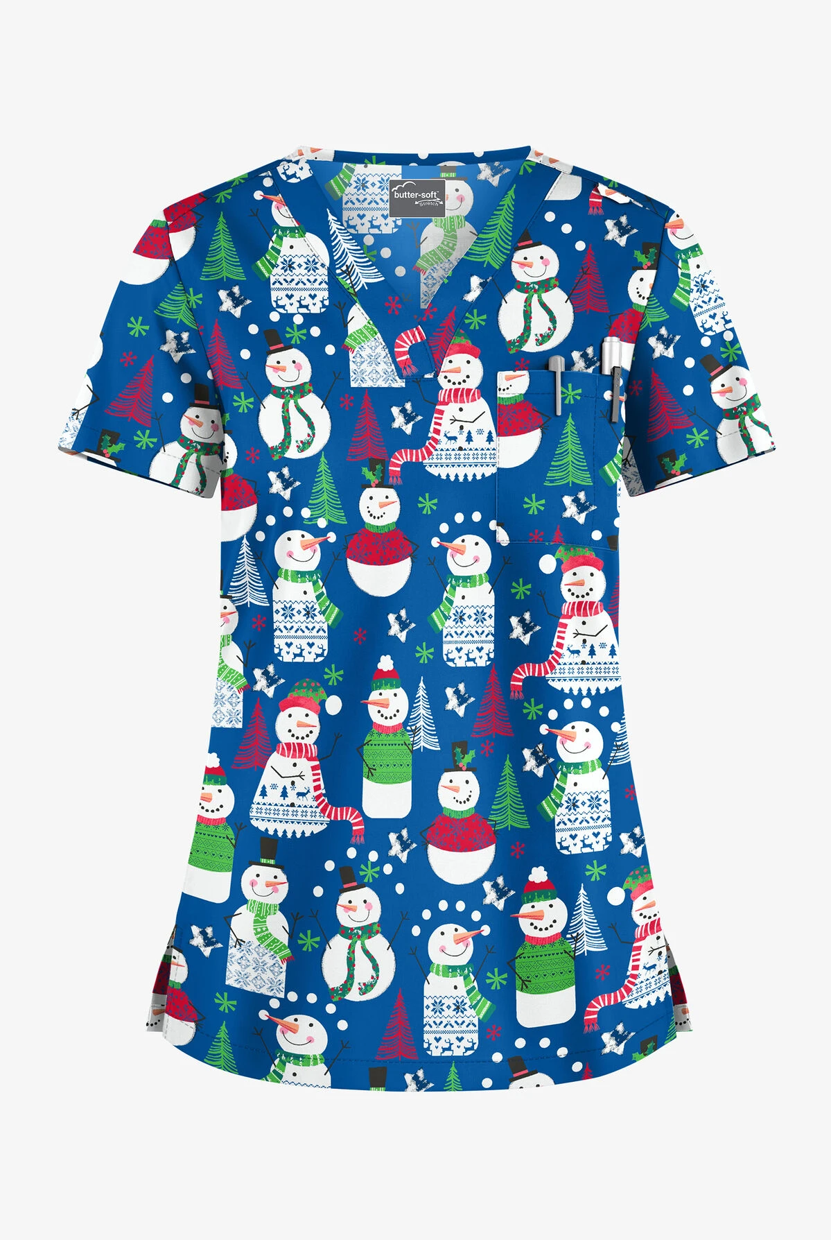Butter-Soft Juggling Snowman Royal Women's 1-Pocket V-Neck Tuck-In Print Scrub Top 3 Butter-Soft Juggling Snowman Royal Women's 1-Pocket V-Neck Tuck-In Print Scrub Top
