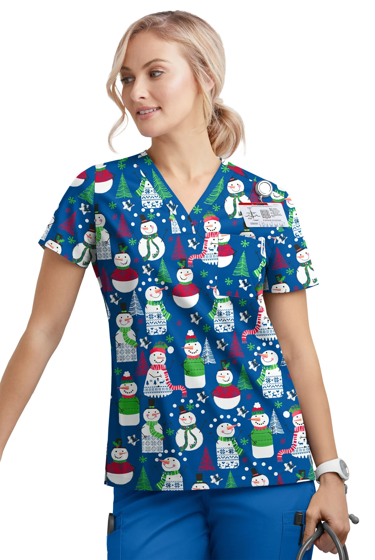 Butter-Soft Juggling Snowman Royal Women's 1-Pocket V-Neck Tuck-In Print Scrub Top 4 Butter-Soft Juggling Snowman Royal Women's 1-Pocket V-Neck Tuck-In Print Scrub Top - Image 2