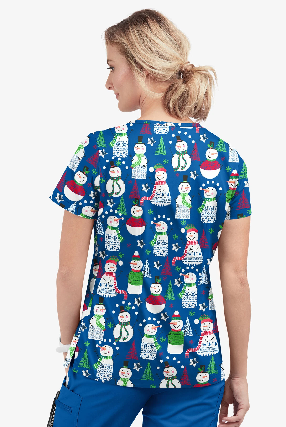 Butter-Soft Juggling Snowman Royal Women's 1-Pocket V-Neck Tuck-In Print Scrub Top 5 Butter-Soft Juggling Snowman Royal Women's 1-Pocket V-Neck Tuck-In Print Scrub Top - Image 3