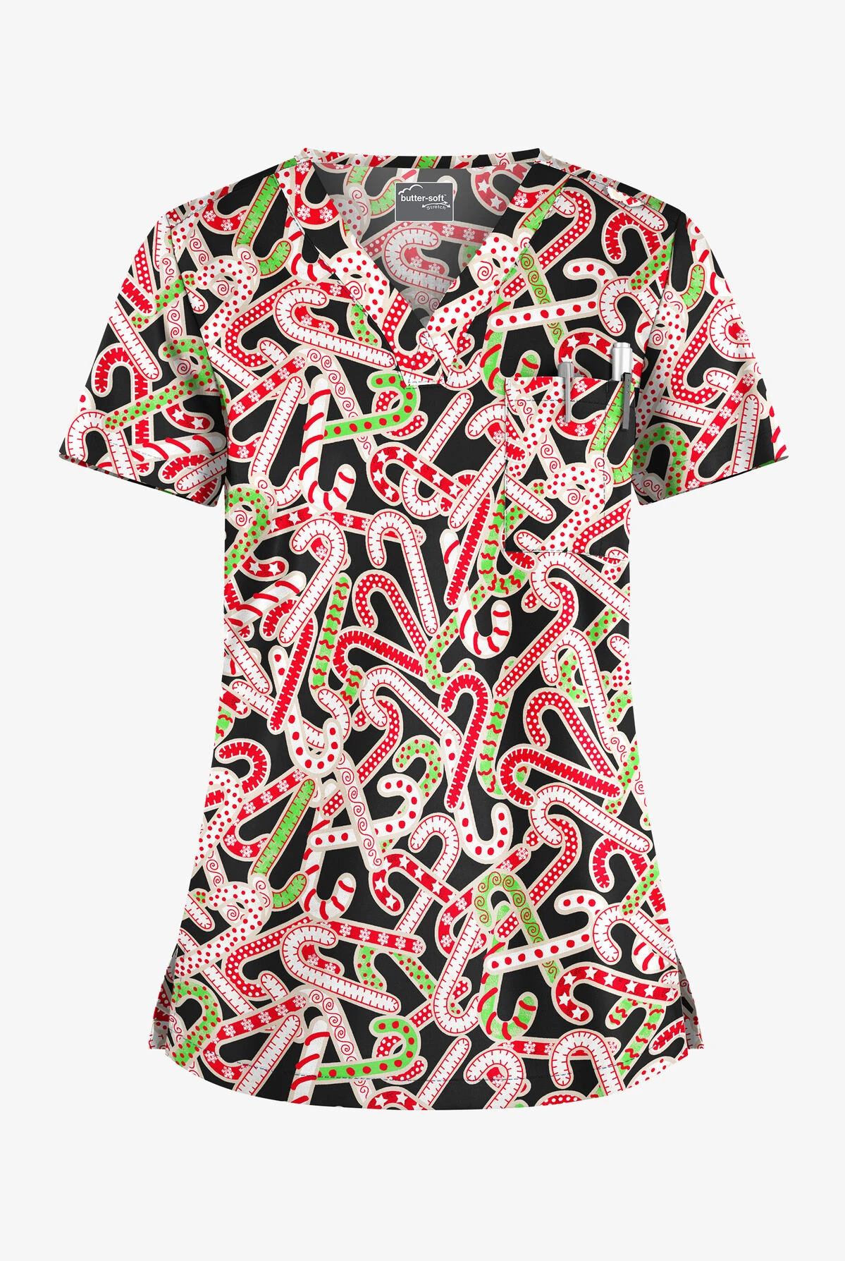 Butter-Soft Noel Candy Canes Women's 1-Pocket V-Neck Tuck-In Print Scrub Top 3 Butter-Soft Noel Candy Canes Women's 1-Pocket V-Neck Tuck-In Print Scrub Top