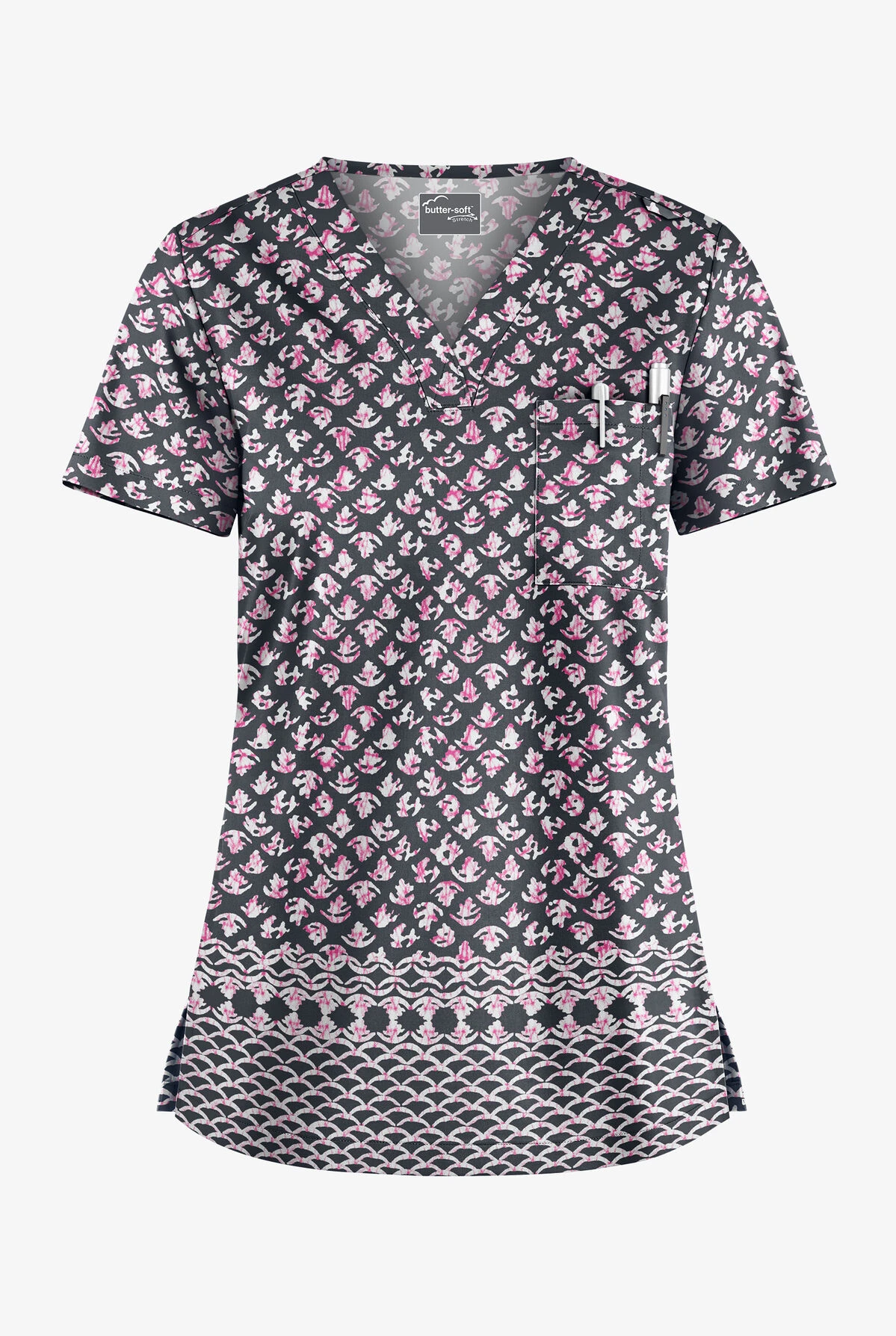UA Butter-Soft STRETCH Night Garden Pewter Women's 1-Pocket V-Neck Print Scrub Top 3 UA Butter-Soft STRETCH Night Garden Pewter Women's 1-Pocket V-Neck Print Scrub Top