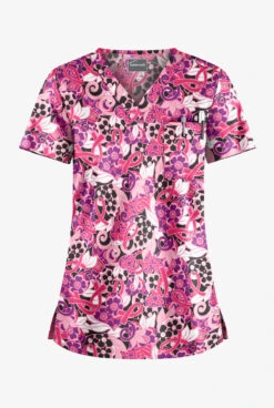Butter-Soft Pink Ribbon Bouquet Women's 1-Pocket V-Neck Tuck-In Print Scrub Top