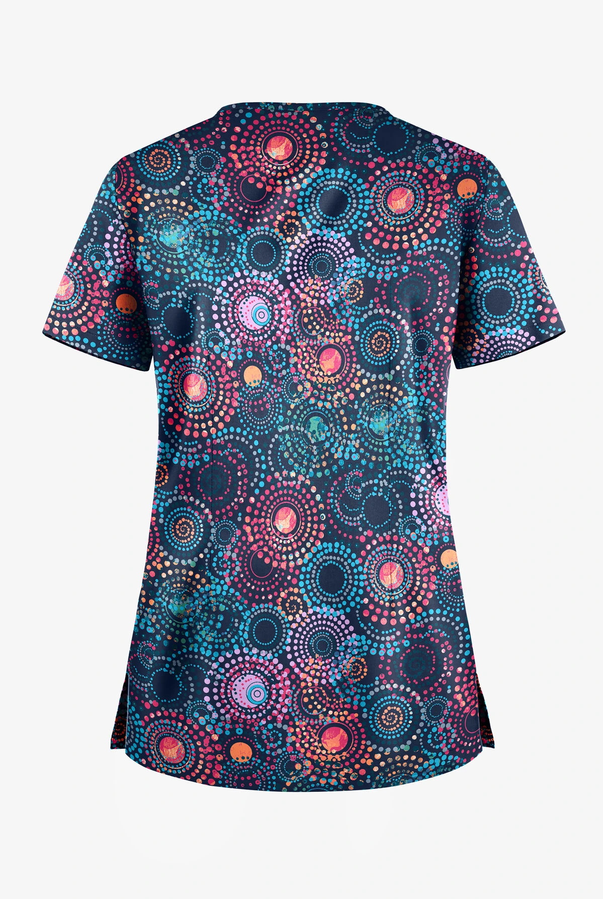 Butter-Soft Pop Circles Navy Women's 1-Pocket V-Neck Tuck-In Print Scrub Top 4 Butter-Soft Pop Circles Navy Women's 1-Pocket V-Neck Tuck-In Print Scrub Top - Image 2