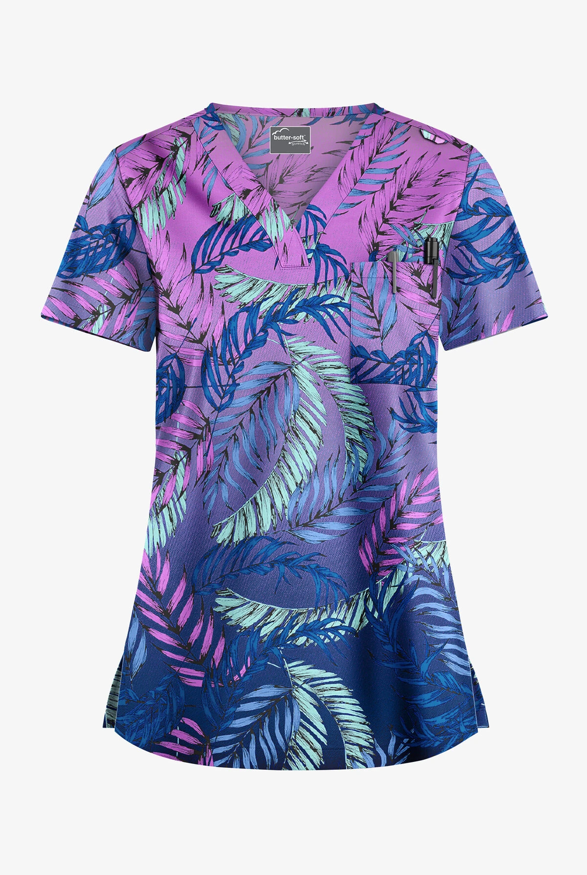 UA Butter-Soft STRETCH Palm Fronds Aqua Moon Women's 1-Pocket V-Neck Print Scrub Top 3 UA Butter-Soft STRETCH Palm Fronds Aqua Moon Women's 1-Pocket V-Neck Print Scrub Top
