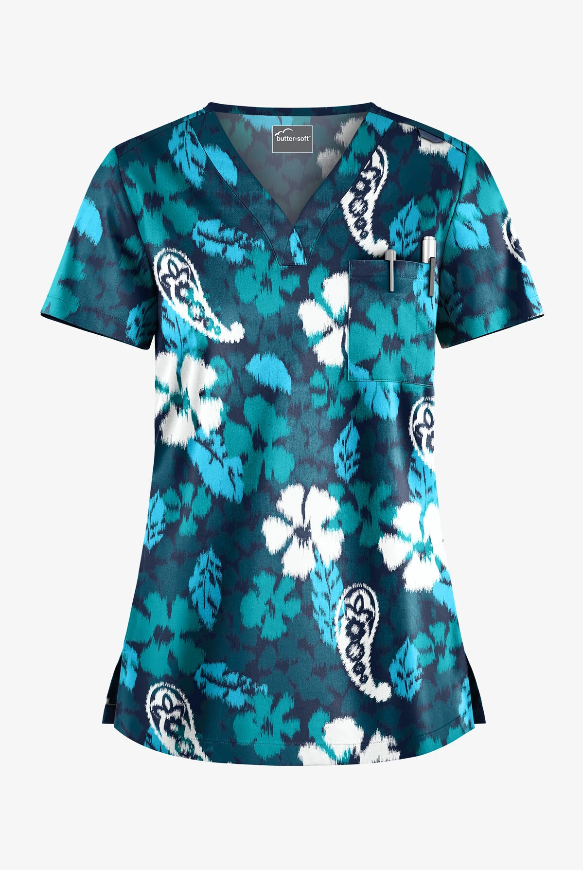 Butter-Soft Persian Ikat Navy Women's 1-Pocket V-Neck Tuck-In Print Scrub Top 3 Butter-Soft Persian Ikat Navy Women's 1-Pocket V-Neck Tuck-In Print Scrub Top