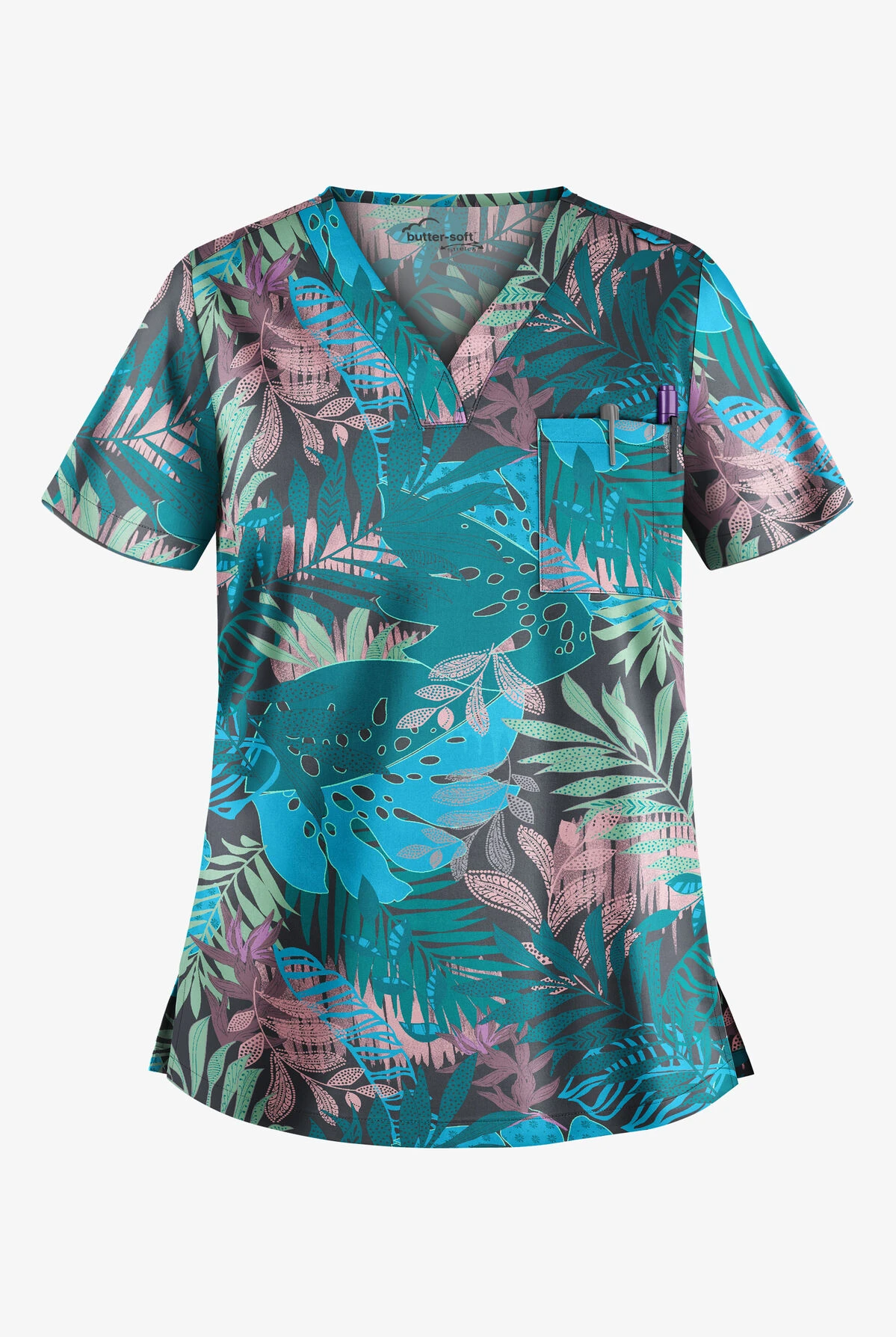 UA Butter-Soft STRETCH Passion Fronds Pewter Women's 1-Pocket V-Neck Print Scrub Top 3 UA Butter-Soft STRETCH Passion Fronds Pewter Women's 1-Pocket V-Neck Print Scrub Top