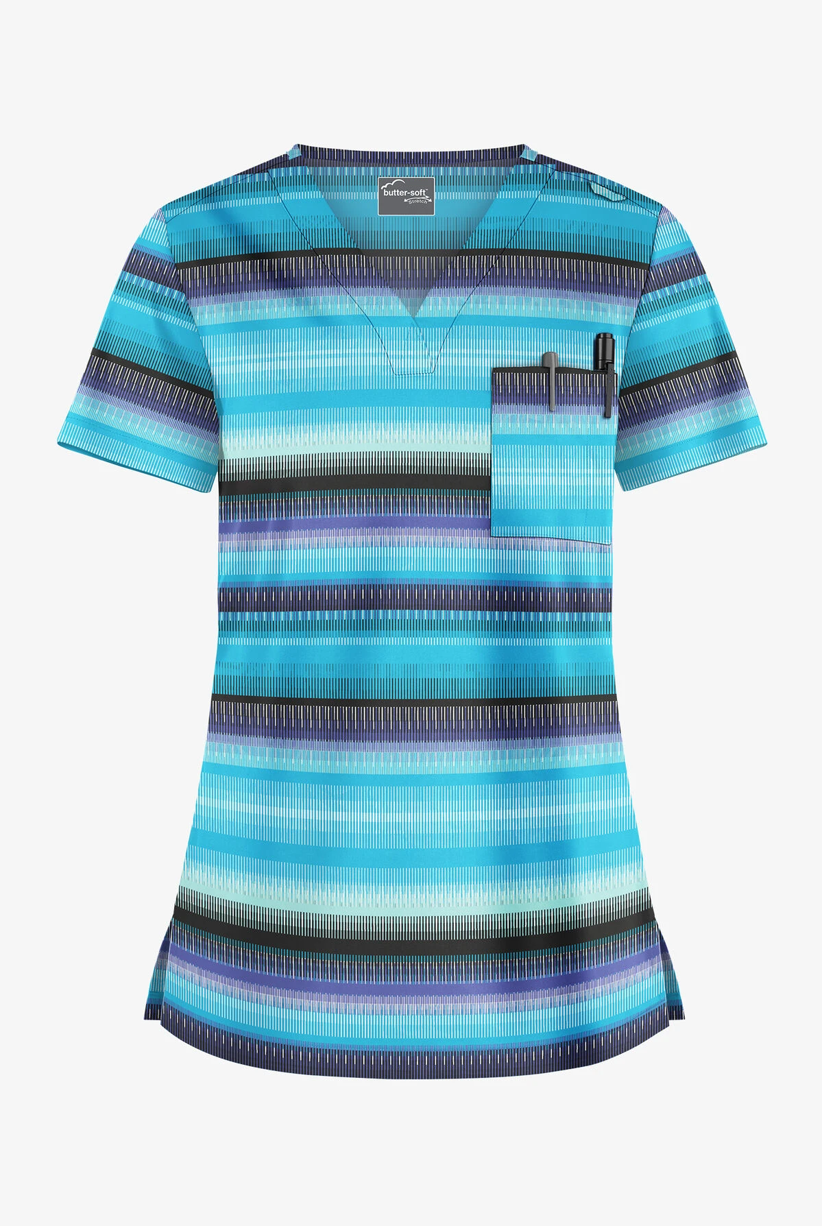 UA Butter-Soft STRETCH Reigning Stripes Turquoise Women's 1-Pocket V-Neck Print Scrub Top 3 UA Butter-Soft STRETCH Reigning Stripes Turquoise Women's 1-Pocket V-Neck Print Scrub Top