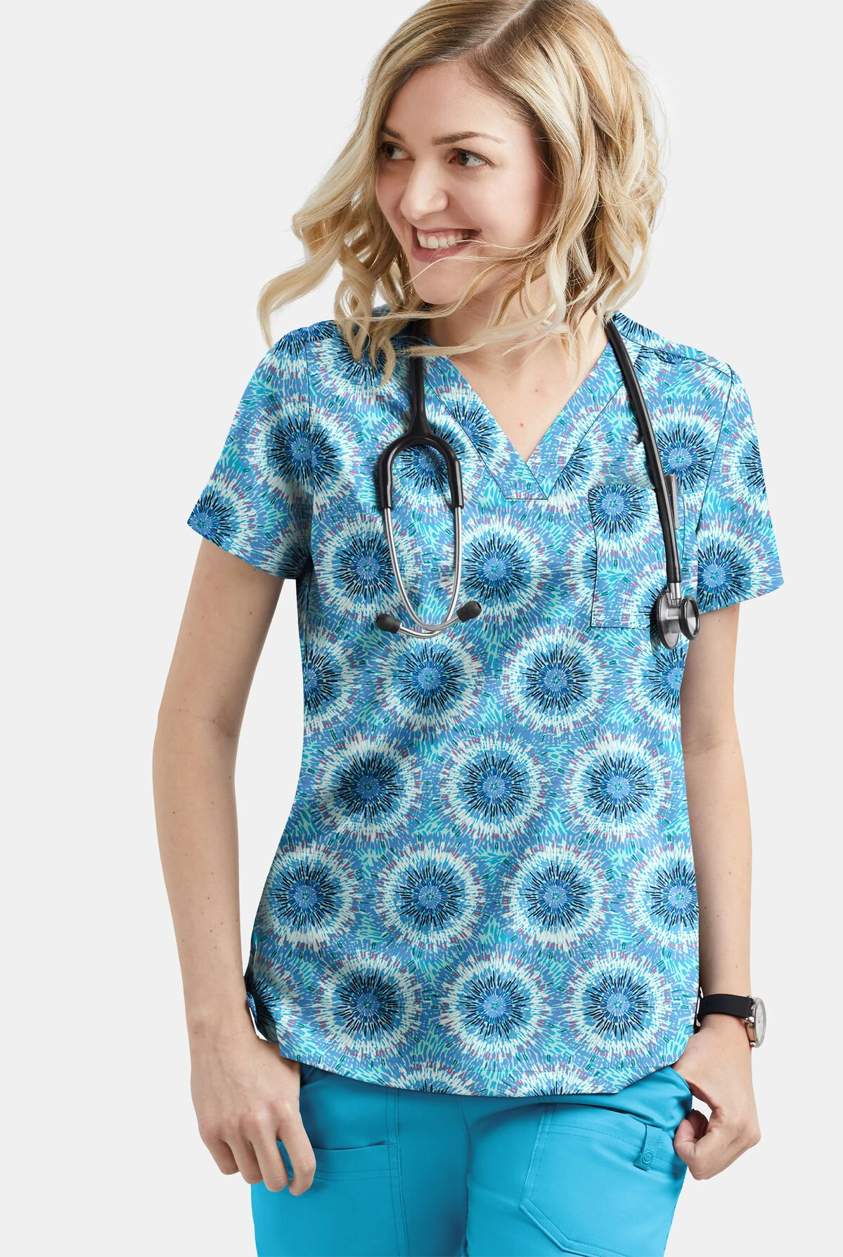 UA Butter-Soft STRETCH Splash Of Geo Aqua Moon Women's 1-Pocket V-Neck Print Scrub Top 5 UA Butter-Soft STRETCH Splash Of Geo Aqua Moon Women's 1-Pocket V-Neck Print Scrub Top - Image 3