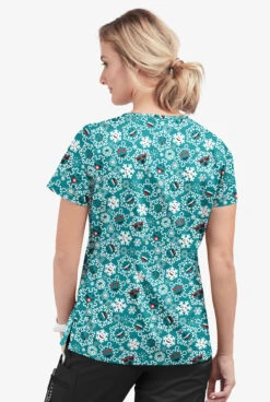 Butter-Soft Smiling Snowflakes Teal Women's 1-Pocket V-Neck Tuck-In Print Scrub Top -Fashion Clothing TS452SSTL 3