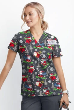 Butter-Soft Santa On Vacation Pewter Women's 1-Pocket V-Neck Tuck-In Print Scrub Top -Fashion Clothing TS452SVPW 2